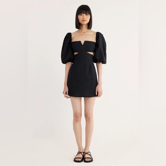 Rumer the Label Freya Puff Sleeve Linen Cutout Mini Dress Sz Small Revolve $269 - Picture 1 of 9